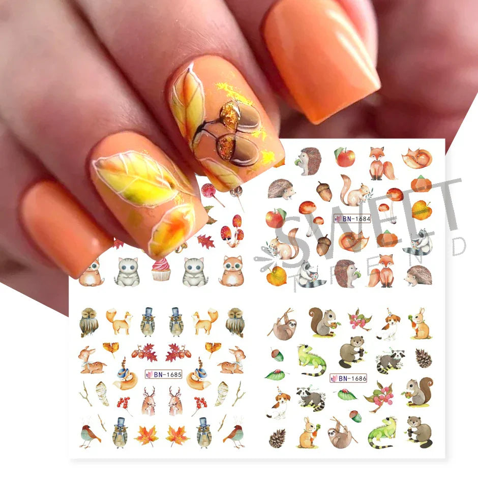 12pcs Hedgehog Animal Nail Water Stickers Pine Cones
