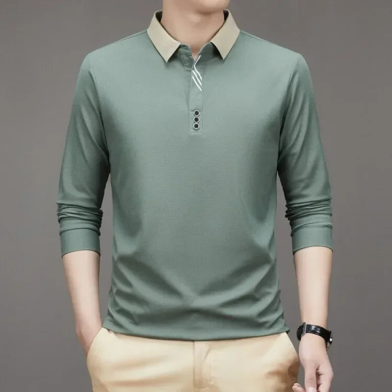 Men's Long Sleeve Turn-down Collar Waffle T-shirt Business