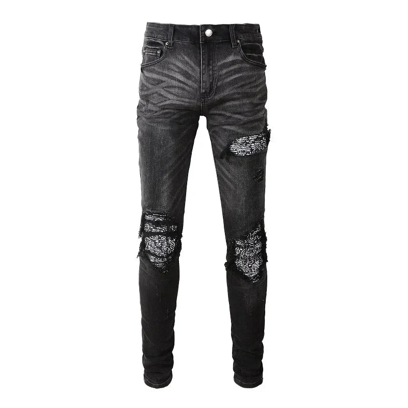 Men Bandanna Paisley Print Patch Jeans Streetweat Patchwork