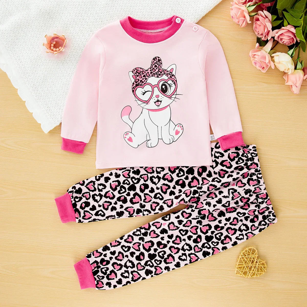 hibobi Spring 2-Piece Cute Cat Girl Round Neck