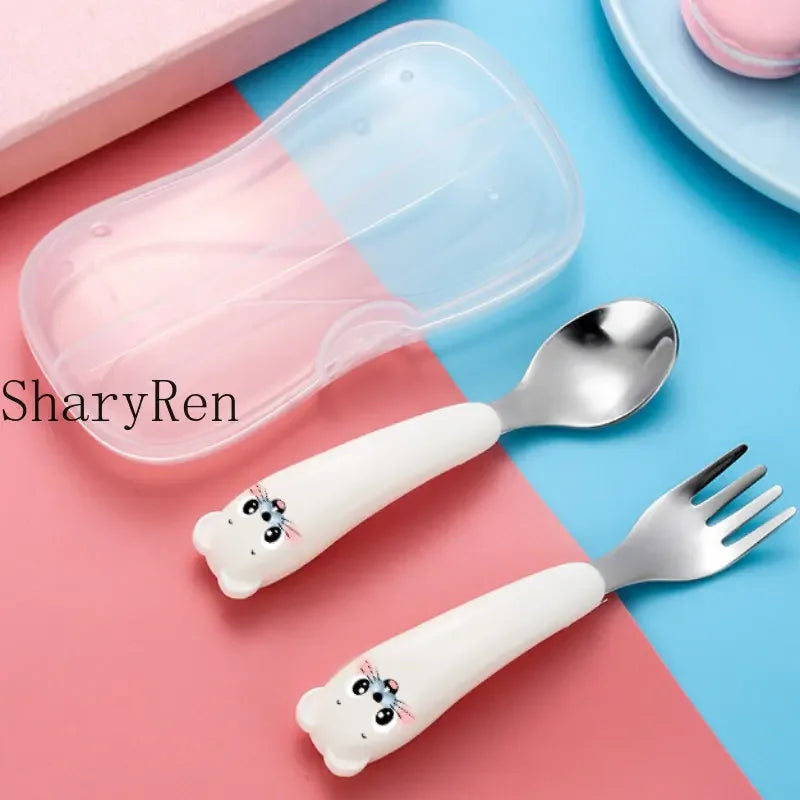 Baby Children Spoon Fork Set Cartoon Bear Stainless