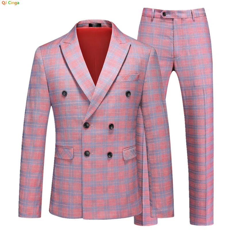 Red Striped Plaid Suit 2 Piece Men's Wedding