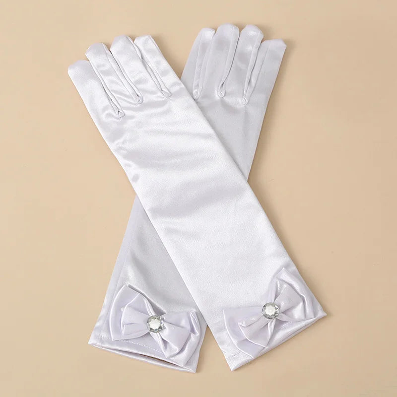 1 Pair Bow Satin Gloves for Kids - Stage Dance & Wedding Accessories