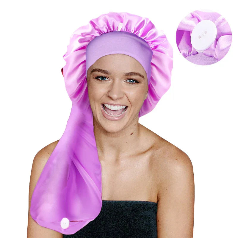 Satin Long Nightcap Wide Edge Adjustable Bonnet Women