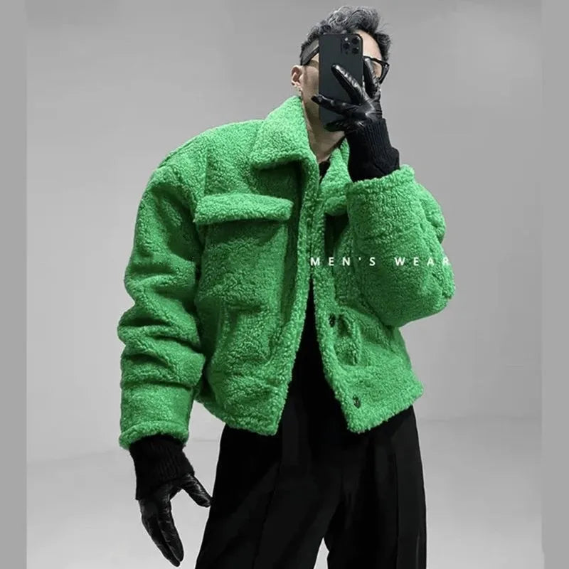 Green Ruffian Jacket for Men Lamb Wool Thickened