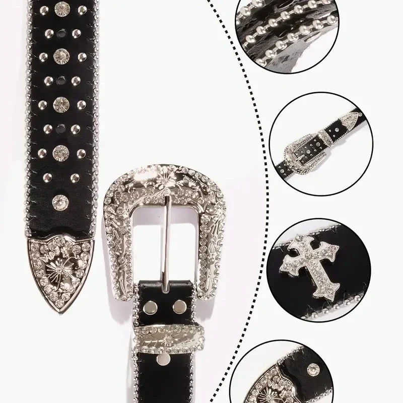 Black Cross Rivet Belt Engraved Buckle Rhinestone Decor