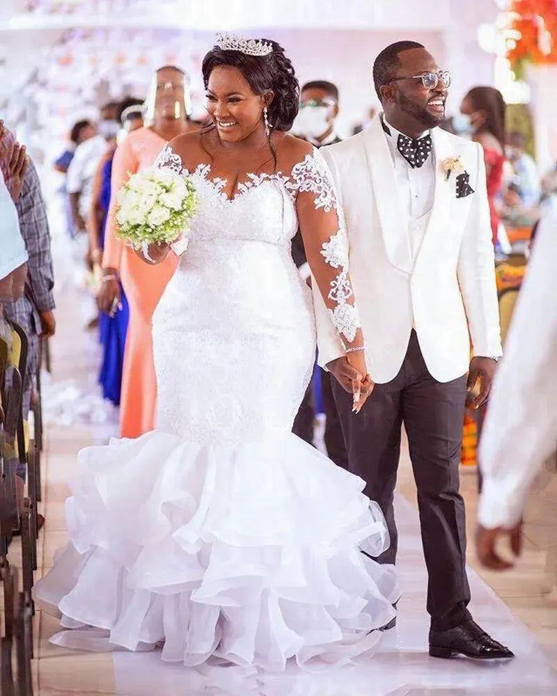 African Plus Size Mermaid Wedding Dress Appliques Sheer