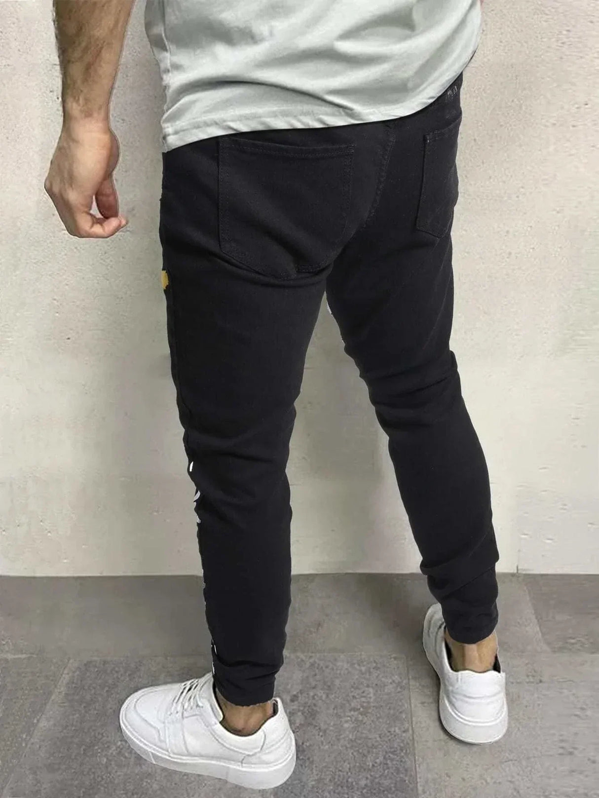Men's Print Ripped Stretch Denim Black Skinny Jeans