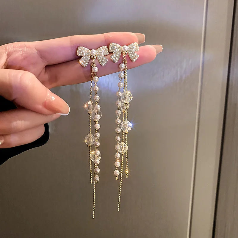 Long Retro Blue Flower Feather Tassel Dangle Earrings