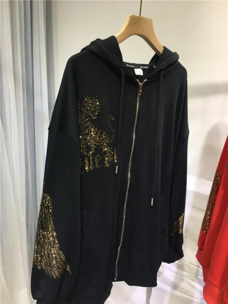 Plus Size Women Clothing Rhinestones Zip Up Hoodies