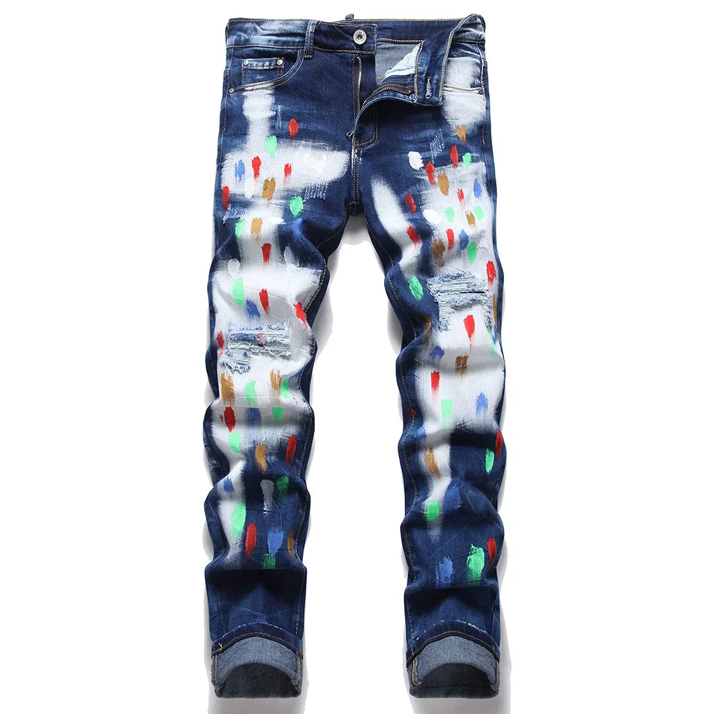 Men Painted Ripped Jeans Streetwear Stretch Denim Slim