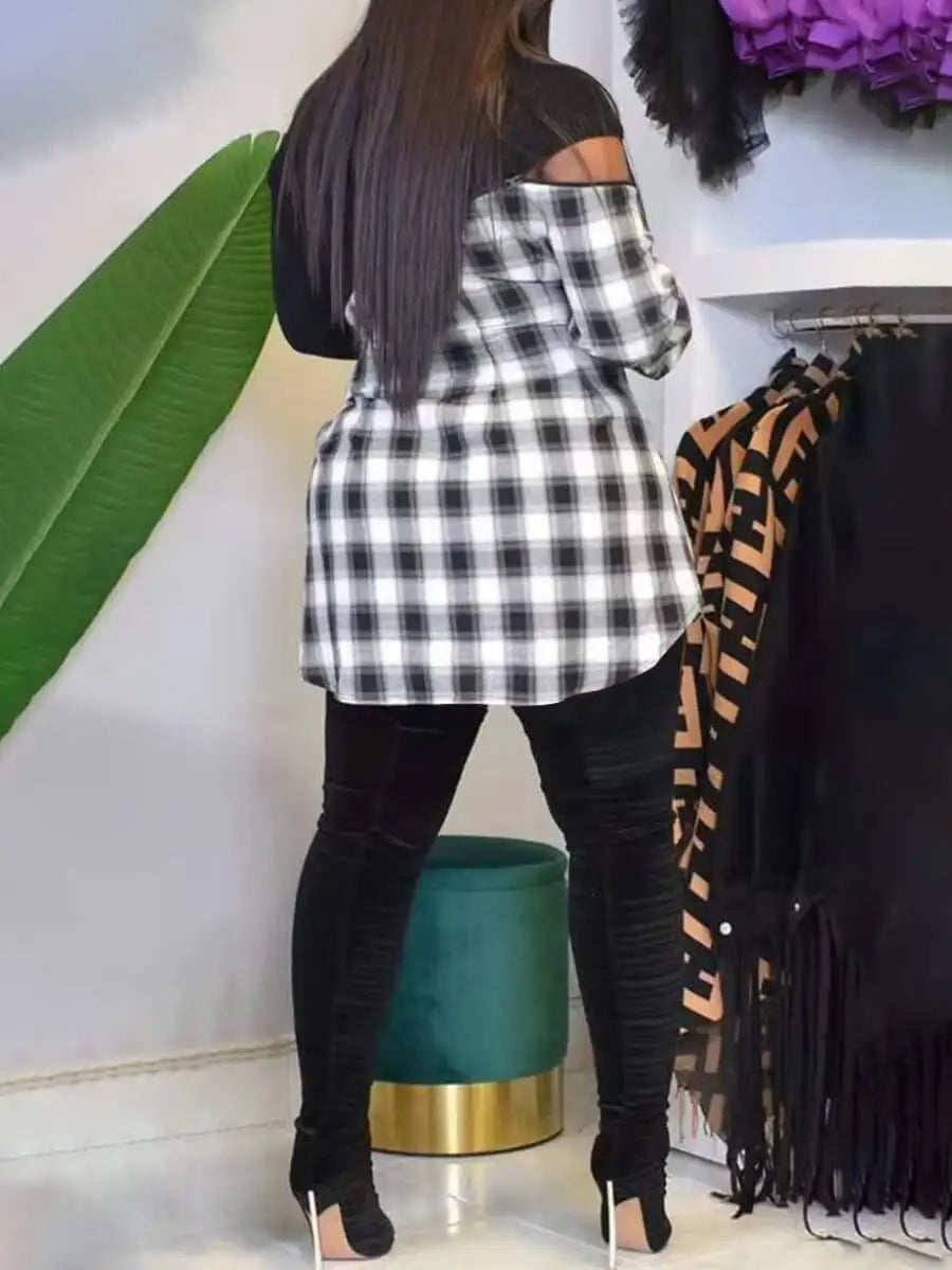 LW Plus Size Plaid Print Hollow-out Dress Women