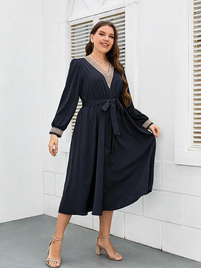 Plus Size Women Dress V Neck Long Sleeves