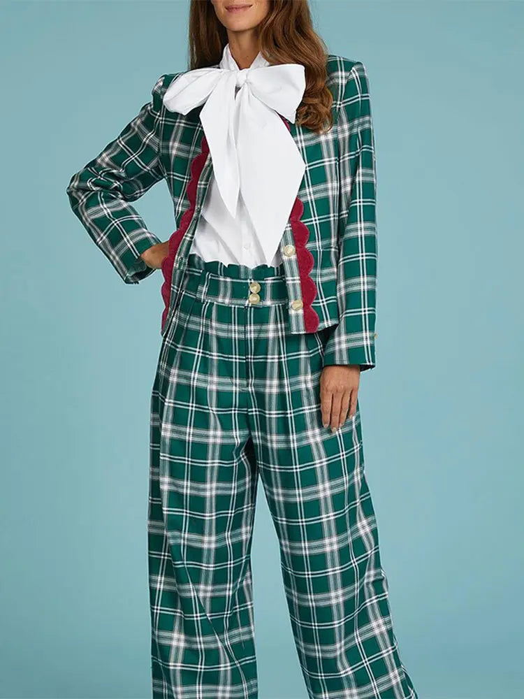 Women Fashion Plaid Pants 2 Piece Sets Loose