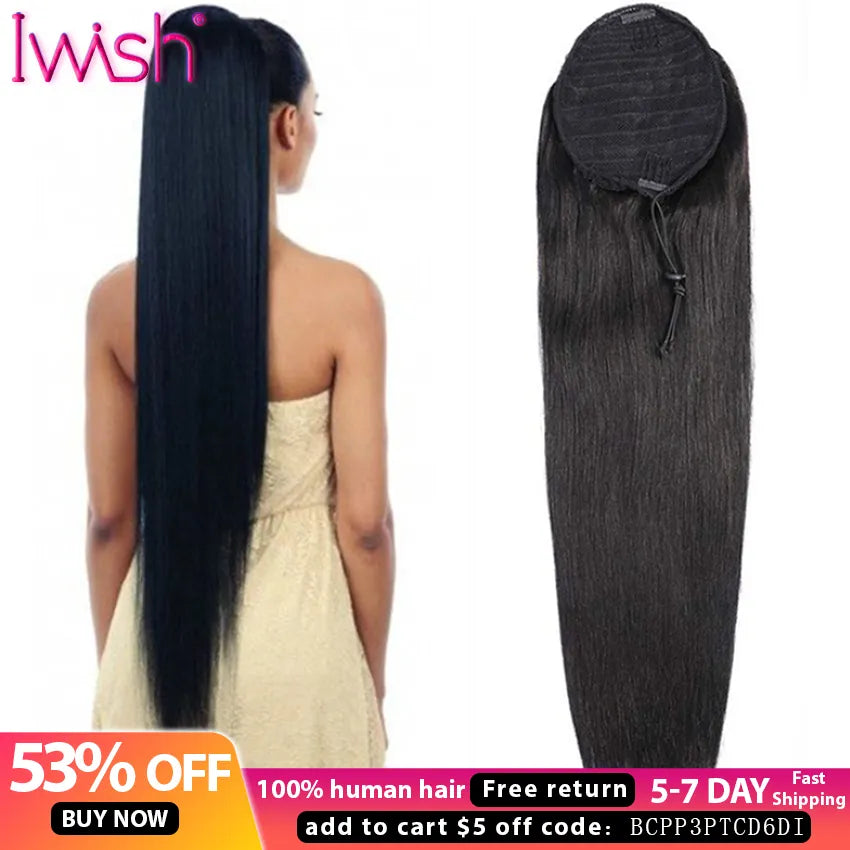 150g Straight Human Hair Wrap Around Ponytail Drawstring