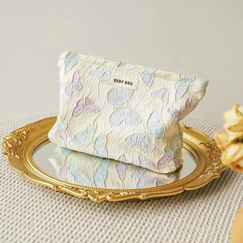 Women's Makeup Bag Green Gold Flowers Large Capacity