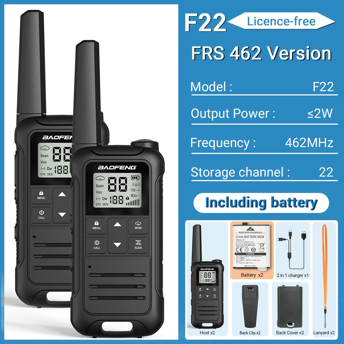 2PCS Baofeng F22 Walkie Talkie Portable Mini Communication