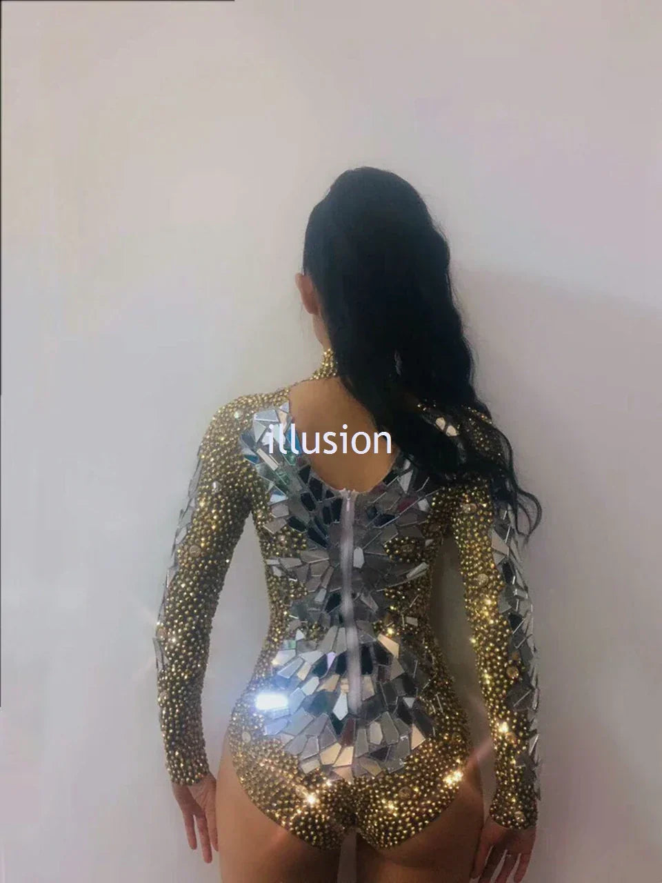 Shining Gold Rhinestones Mirrors Bodysuit Women's Birthday Celebrate