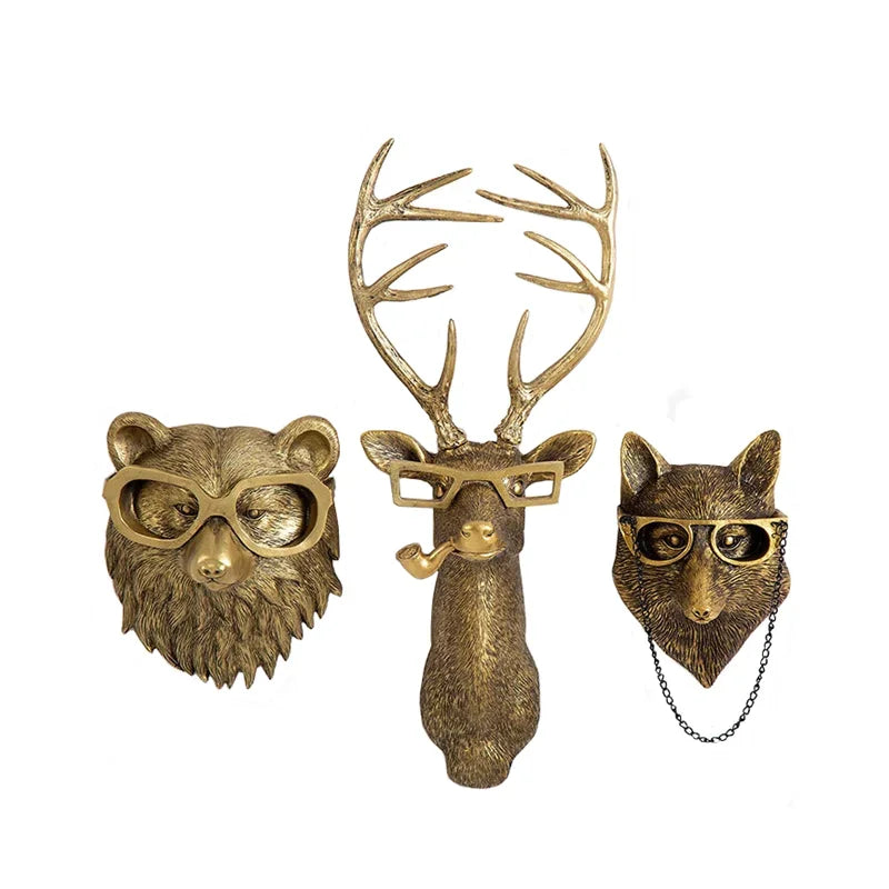 Antique Bronze Resin Animal Pendant Golden Deer Head