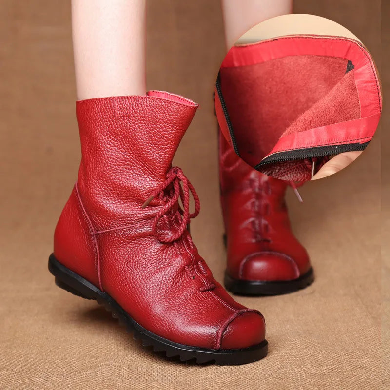Women Shoes Retro Original Leather Short Boots Warm