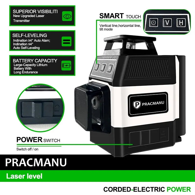 Pracmanu Mini 12 Lines 3D Laser Level 360