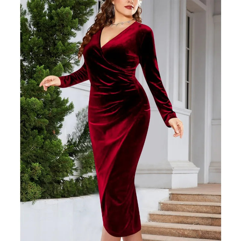 Plus Size Elegant Long Sleeve Velvet Skinny Dress