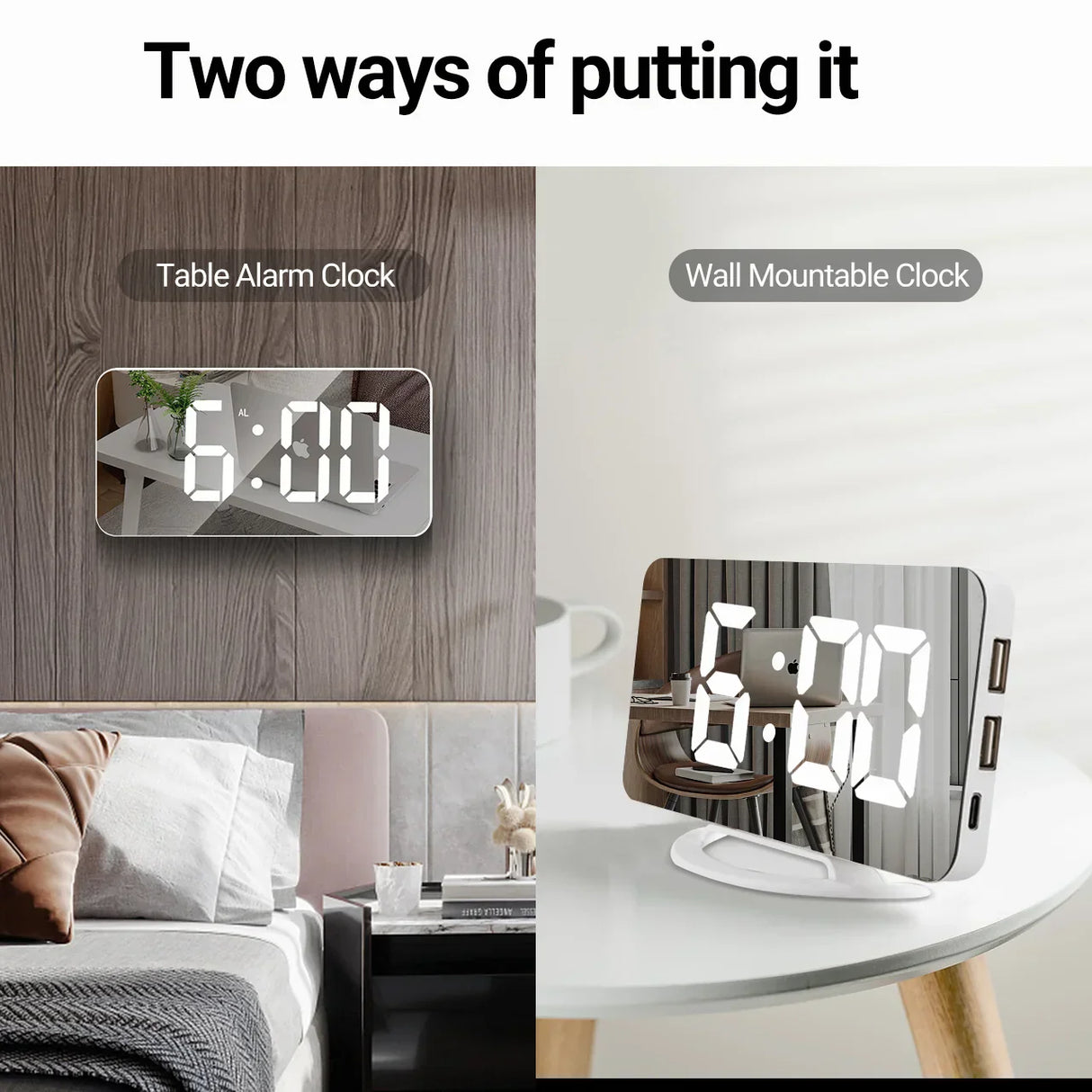 New Digital Alarm Clock 7" Large LED Mirror