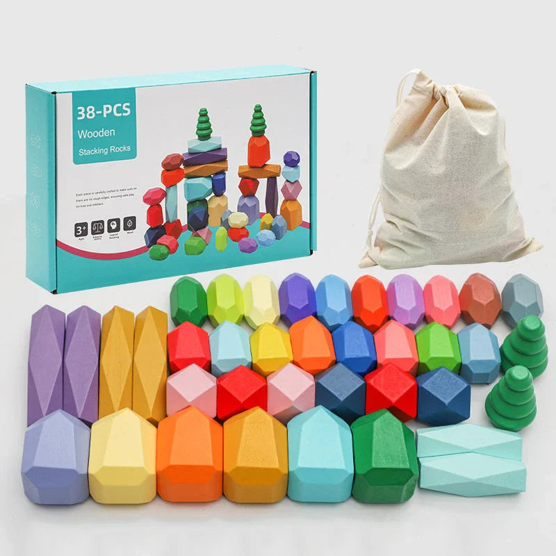 28/38pcs Wooden Rainbow Stone Building Blocks Set Balancing