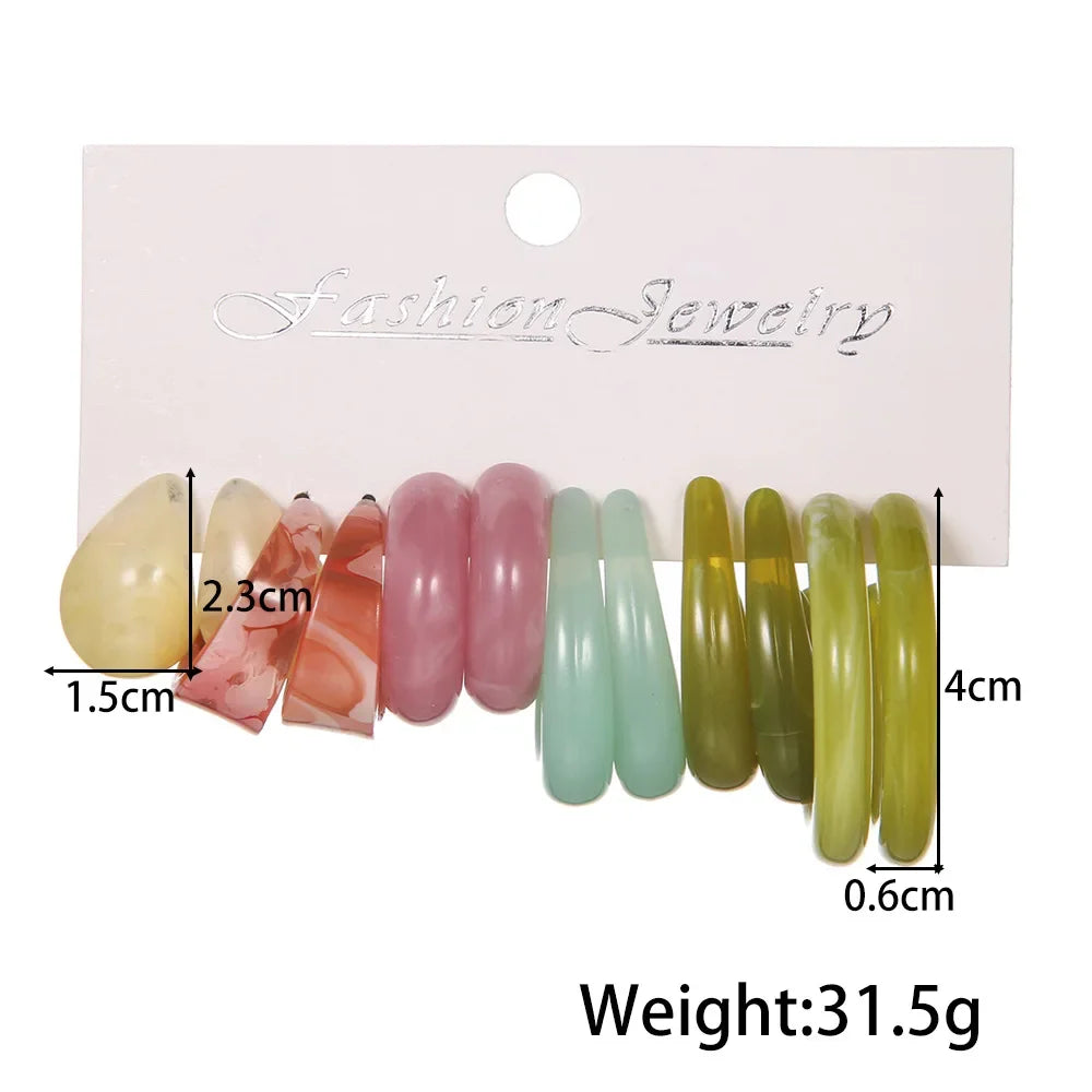 Simple Acrylic C-shaped Cut Earrings 5 Pairs Set