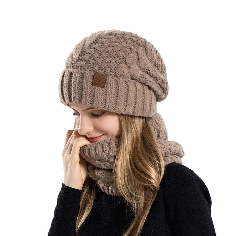 Women Fashion Winter Knitted Hat Scarf Set Fleece