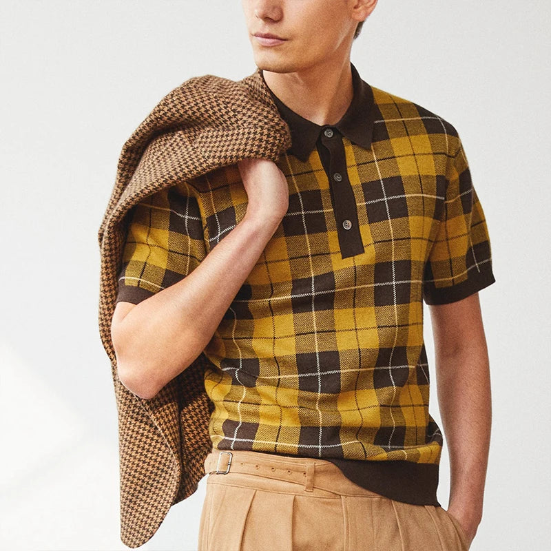 Summer Men's Clothing Luxury Check Knitted Short Sleeve