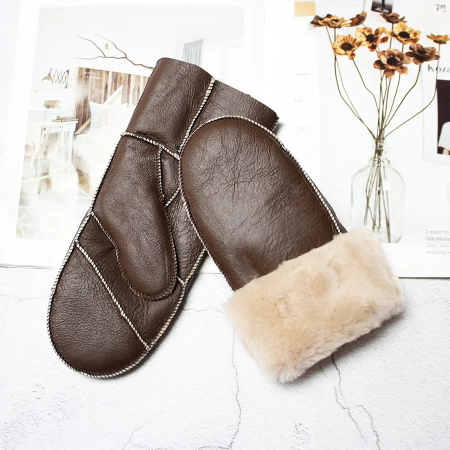 Sheepskin Fur Mittens Women's Leather Wool Color Winter