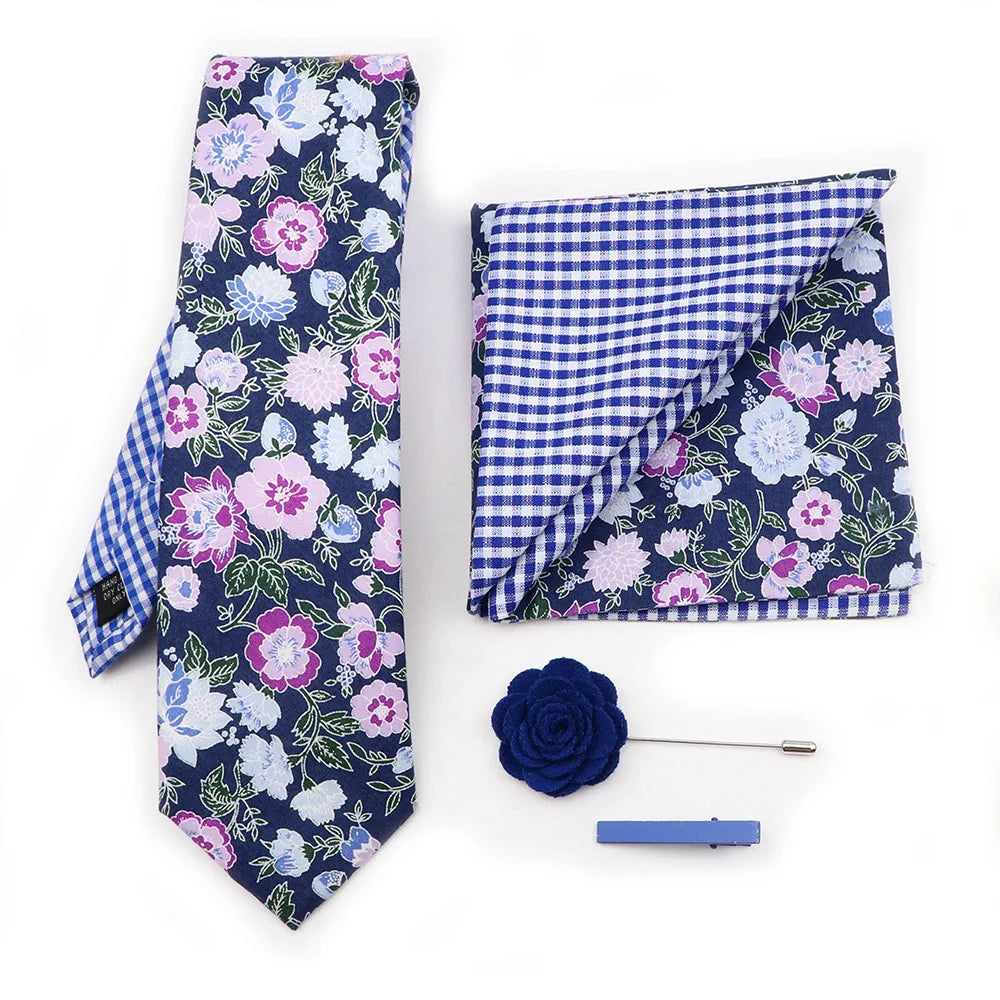 Two Side Floral Plaid Cotton Patchwork Tie Set