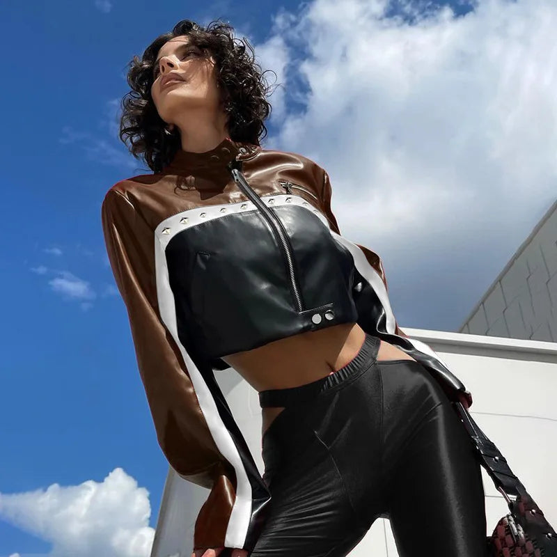 KOXINVES Punk Motorcycle Style Women's Coat 2024 Spring