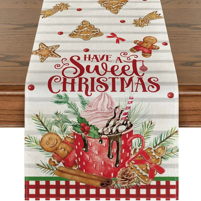 Linen Christmas Table Runner Snowman Xmas Tree Home
