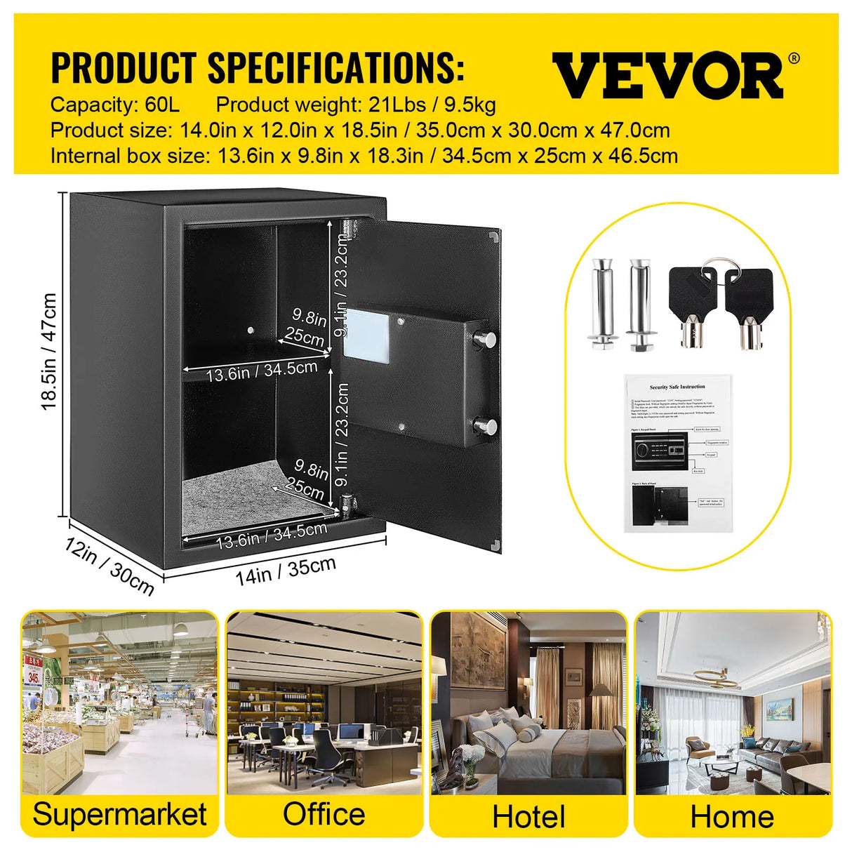 VEVOR Fingerprint Locks Safe Deposit Box 0.8/1.7/2.1 Cubic
