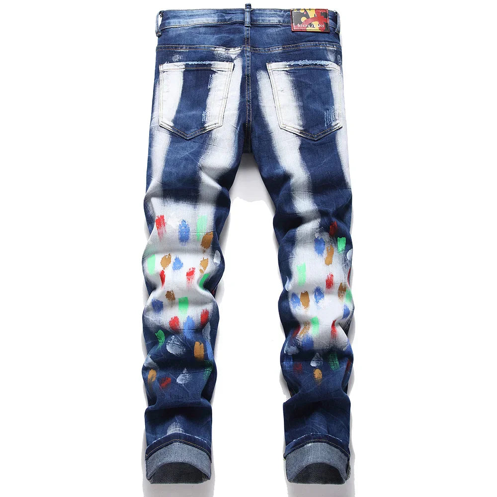 Men Painted Ripped Jeans Streetwear Stretch Denim Slim