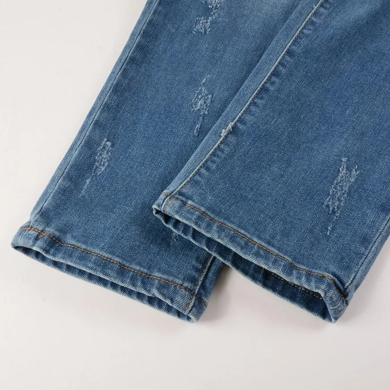Men Stretch Denim Biker Jeans Classic Blue Pleated