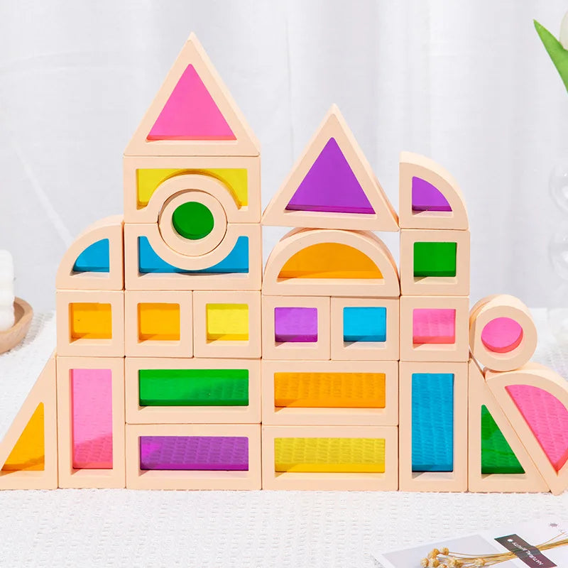 Kid Montessori Wooden Toy Rainbow Stacking Acrylic Block