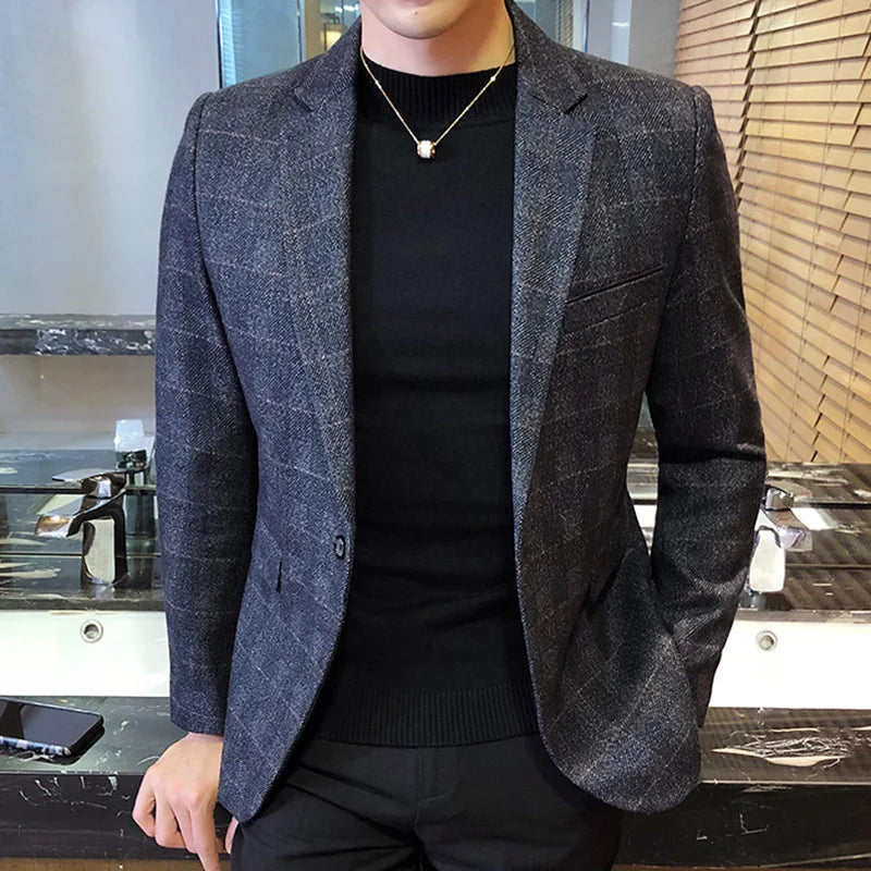 British's Style Vintage Plaid Blazer Men Casual Slim
