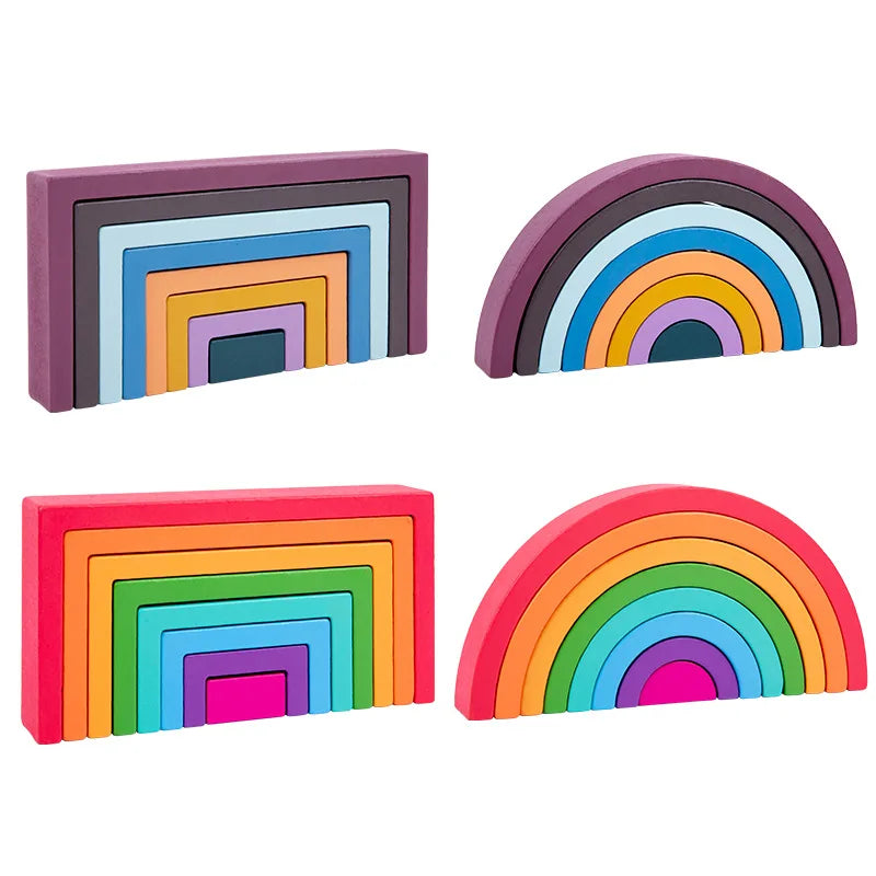 Montessori Wooden Rainbow Stacking Game,Eight Layers Square/Arch Colorful