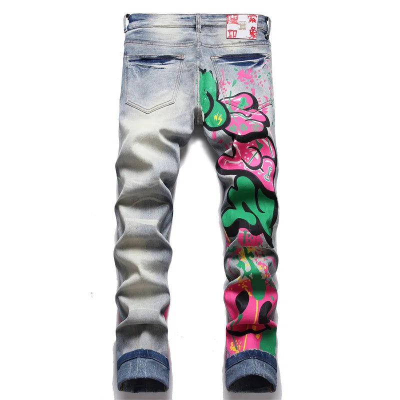 Men Colored Doodle Painted Denim Jeans Streetwear Punk