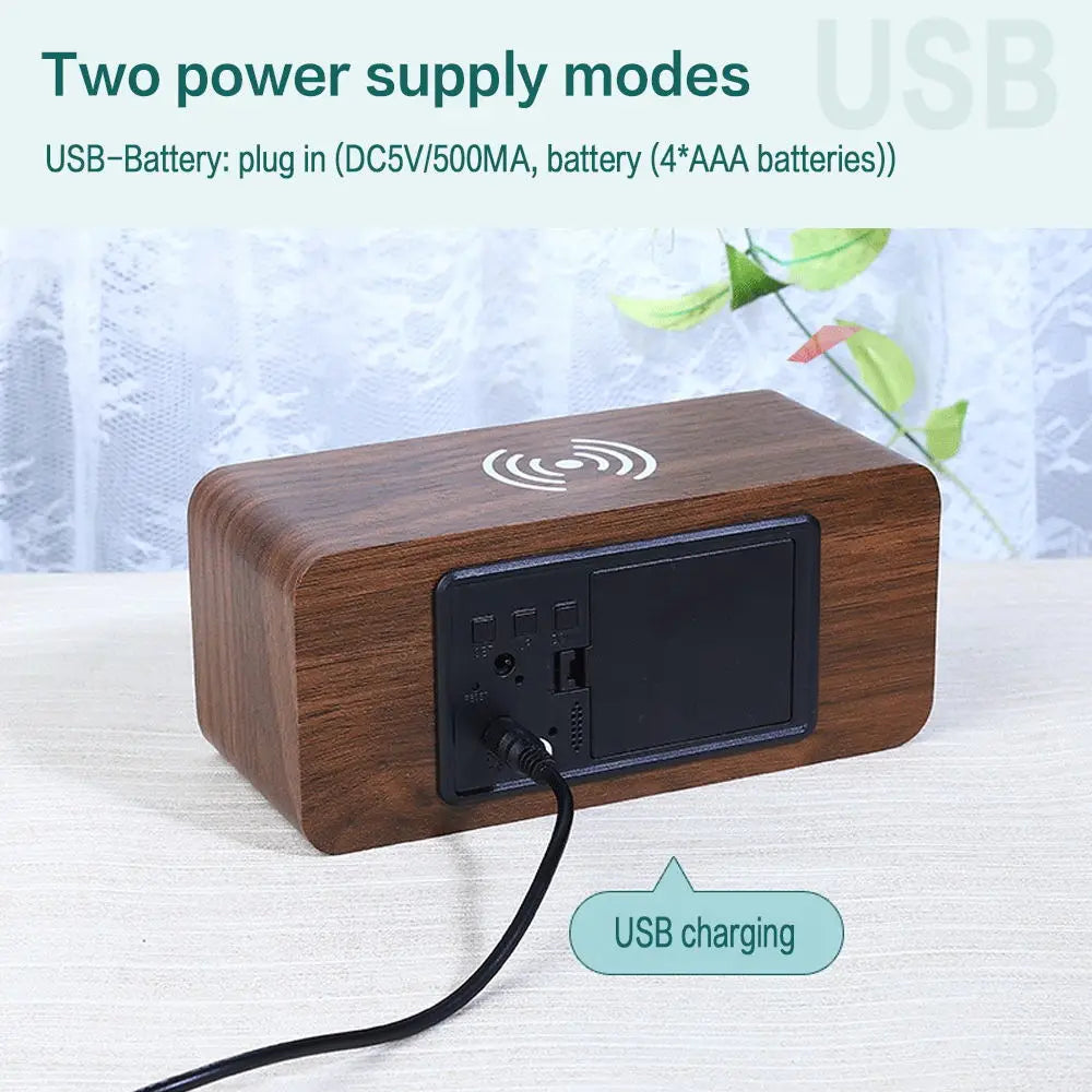 Wood Grain Digital Alarm Clock With Wireless Charging