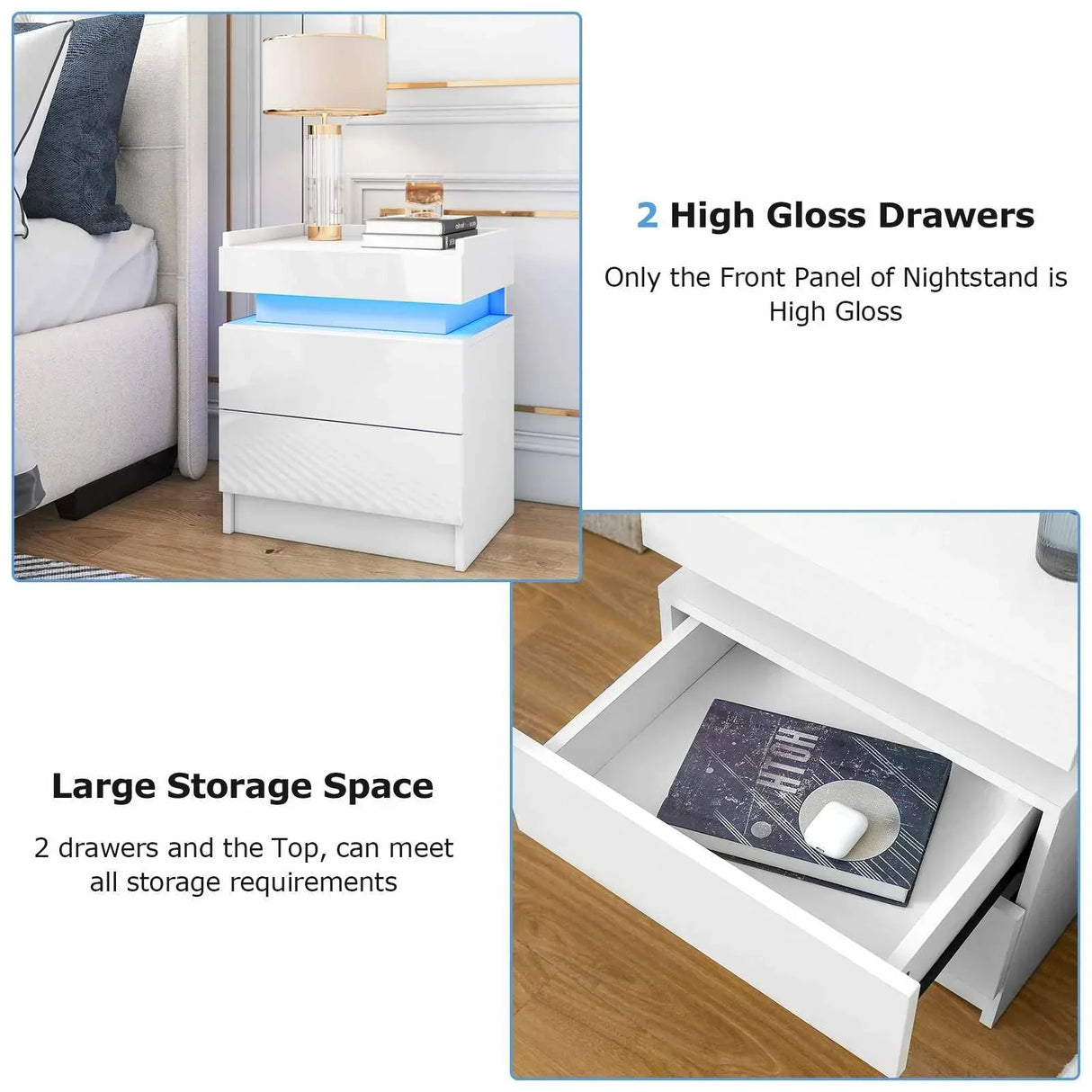 White LED Nightstand LED Bedside Table with High