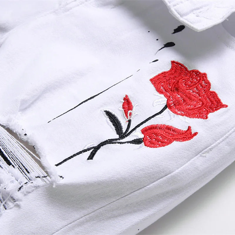 Men Rose Embroidery Jeans Fashion Holes Ripped Stretch