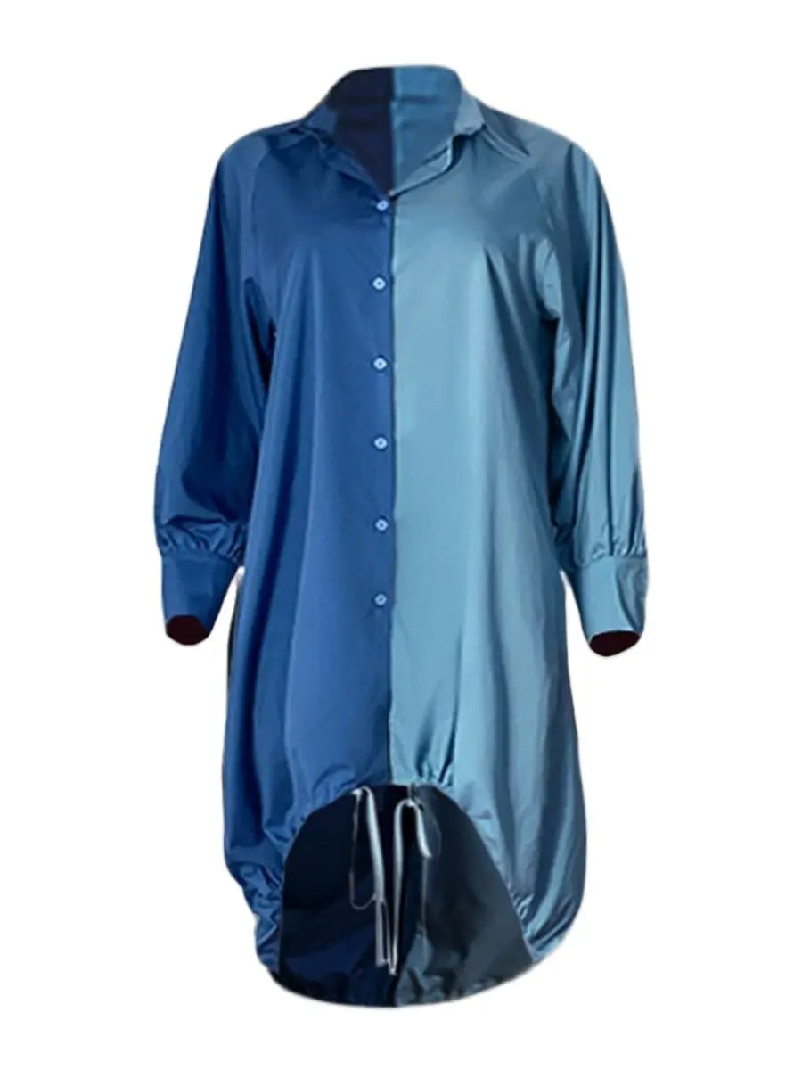 Plus Size dresses Drawstring Patchwork Shirt Dress Fashion