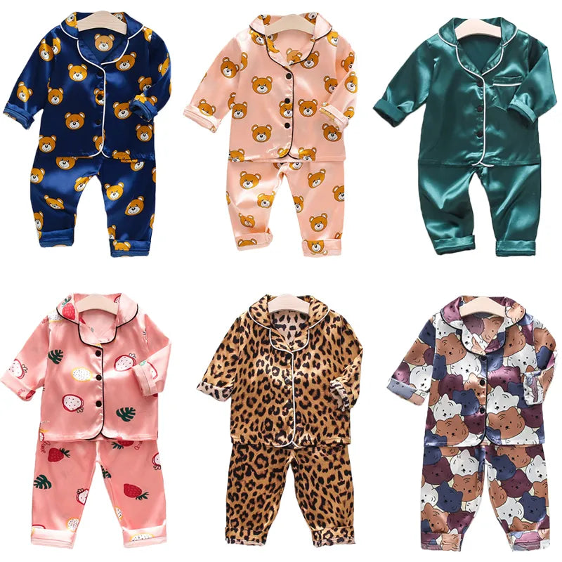 Toddler Girls Silk Satin Pajamas Sets Cartoon Kids