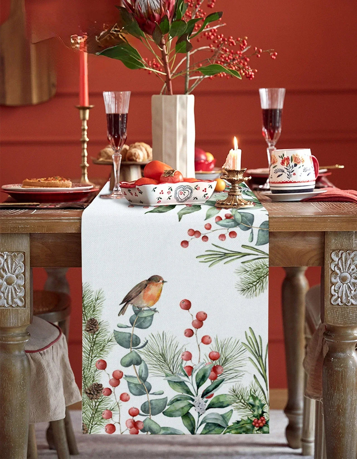 Modern Elegant Table Runner Eucalyptus Berries Robin Table