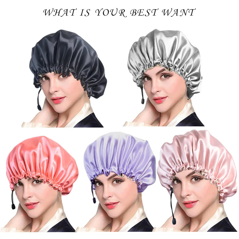 Ladies Satin Nightcap Solid Color Simple Drawstring Adjustable