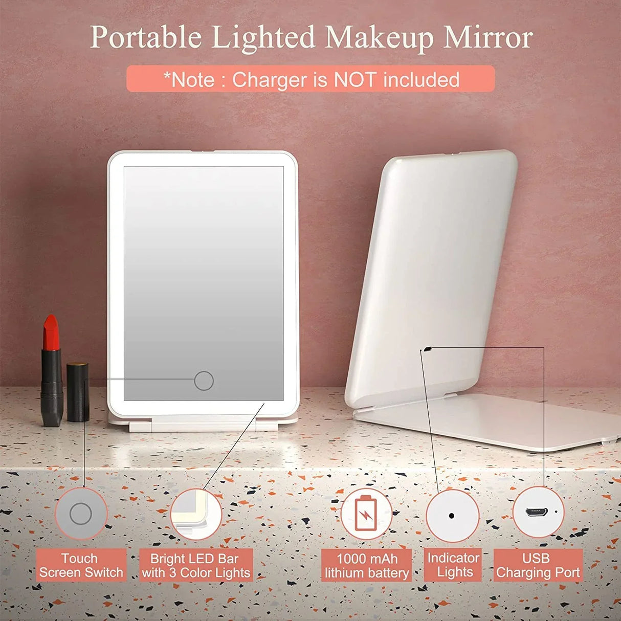 LED Foldable Travel Makeup Mirror 3 Colors Light